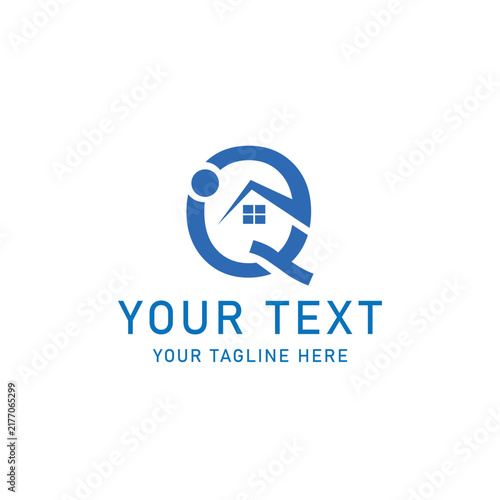 Blue q real estate logo template vector. Abstract property icon with text placeholder. Minimalist house brand identity design for agency.