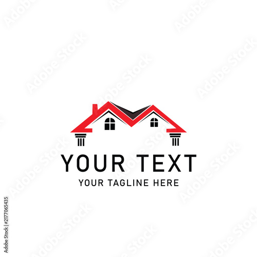 M-shaped real estate logo template with red house roofs and columns. Modern vector branding identity for property management, construction, or home services companies. Minimalist architectural