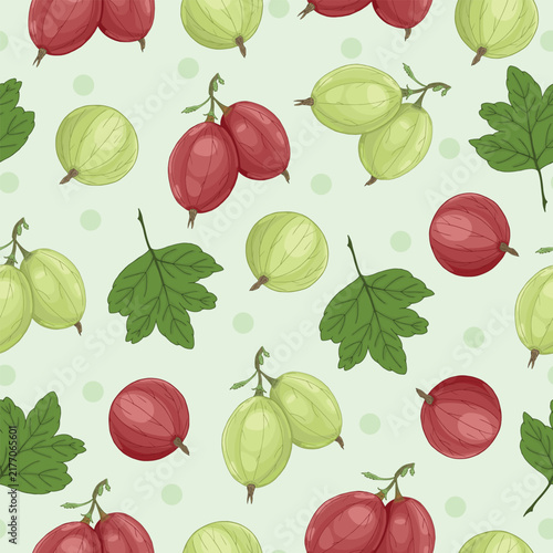Seamless colorful vector pattern of gooseberries on light green background. Design for natural products or jam packaging