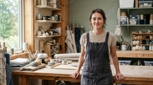 Portrait of a smiling female artisan in a craft workshop with yarn and linen fabrics