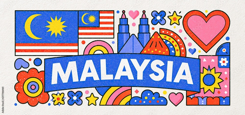 Fototapeta premium A lively Independence Day poster from Malaysia featuring bold typography, colorful geometric patterns, and cultural symbols arranged for visual impact.