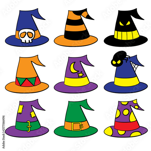 Nine Colorful Halloween Witch Hats with Playful Spooky Designs