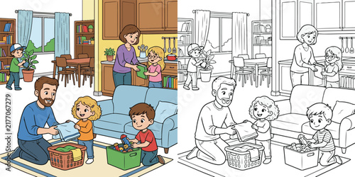 a warm family teamwork scene where several children help both parents tidy educational cartoon print illustration vector clipart and line art colouring book for kids drawn hand drawn.