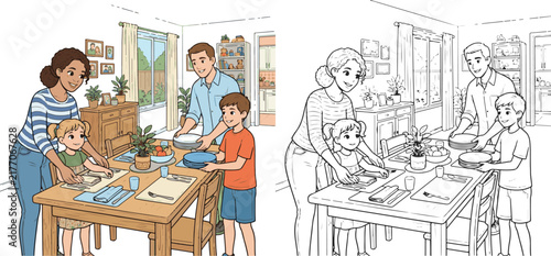 two siblings helping both parents prepare the dining room for a family meal educational cartoon print illustration vector clipart and line art colouring book for kids drawn hand drawn.
