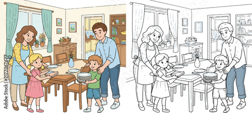 two siblings helping both parents prepare the dining room for a family meal educational cartoon print illustration vector clipart and line art colouring book for kids drawn hand drawn.