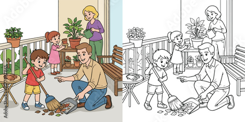 boy and father cleaning balcony educational cartoon print illustration vector clipart and line art colouring book for kids drawn hand drawn.