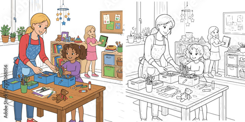 a daughter helping her mother tidy a craft room by placing pencils paper toys educational cartoon print illustration vector clipart and line art colouring book for kids drawn hand drawn.