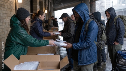 Volunteers distributing rain ponchos during storm outreach event with homeless individuals in need receiving assistance. Community support includes providing essential items to vulnerable populations.