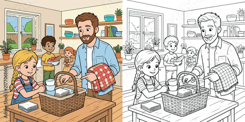a young girl helping her father prepare a picnic basket by arranging cups educational cartoon print illustration vector clipart and line art colouring book for kids drawn hand drawn.