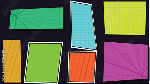 Comic Book Strip Frames Collection with Pop Art Half Tone and Sunburst Textures Vector Vector Illustration