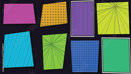Comic Book Strip Frames Collection with Pop Art Halftone Radial Sunburst and Stripes Background Vector