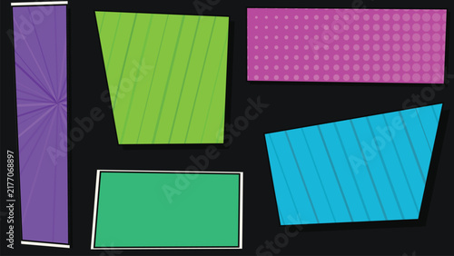 Comic Book Strip Frames Collection with Pop Art Halftone Stripes and Sunburst Background Vector