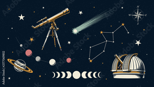 Vintage astronomy night sky poster with telescope, comet and observatory – Great for planetarium promotions, science prints, or educational posters.
