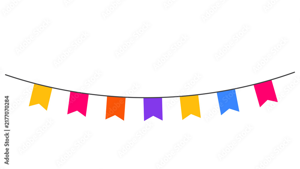 Fototapeta premium Multicolor party bunting flags hanging on a string isolated on a white background with party supplies multicolor celebration decoration festival anniversary colorful illustration isolated