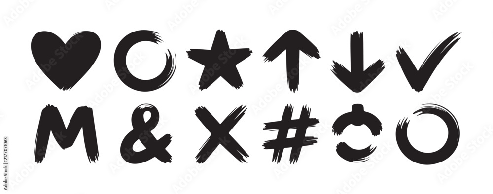 Fototapeta premium Black hand drawn brush stroke icons collection contains heart shape star sign and check marks.
