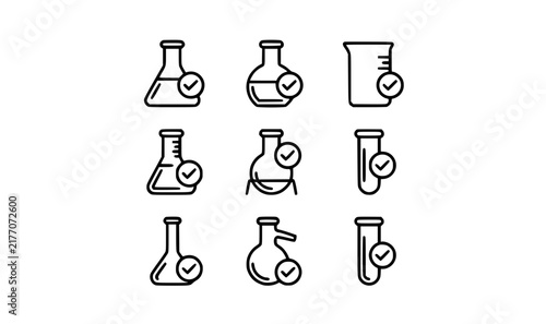 Science lab flask icons set with check mark symbols for chemical quality control laboratory safety test and product approval vector graphics