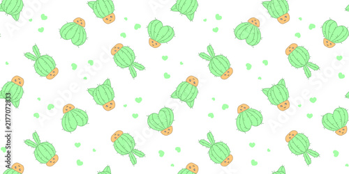 Cute cacti in the shape of a heart, a rabbit and a cat with funny faces on a white background with green hearts. Endless texture with plant characters in kawaii flower pots. Vector seamless pattern