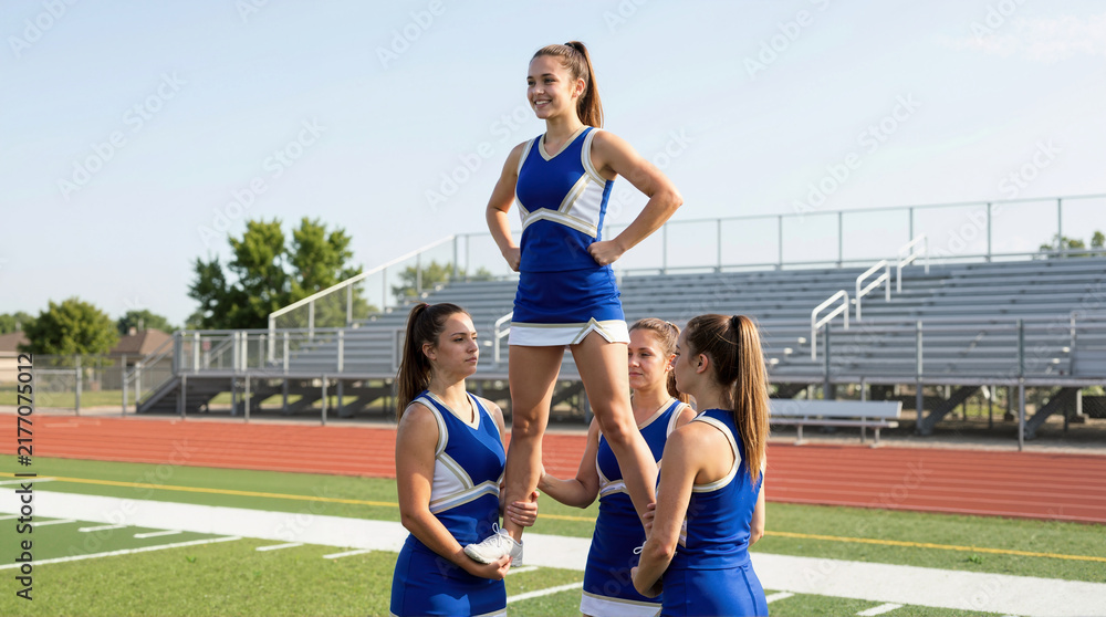 Fototapeta premium Cheerleader standing on the hands of her teammates during a stunt. High school cheerleading squad practicing on a track. Teamwork and youth sports concept