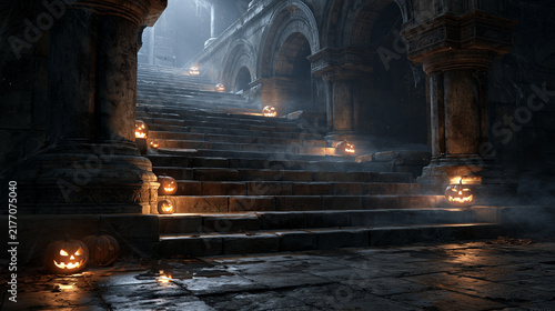 Spooky carved pumpkins glowing on ancient stone stairs inside dark gothic castle ruins on white background