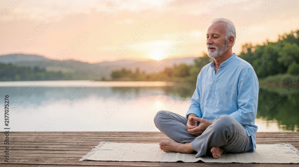 Fototapeta premium Senior man meditating on a wooden dock by a lake at sunrise. Elderly male practicing mindfulness and relaxation outdoors. Active aging and wellness concept