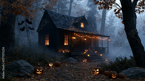 Spooky dark cottage decorated for halloween with glowing pumpkins in a misty forest on white background