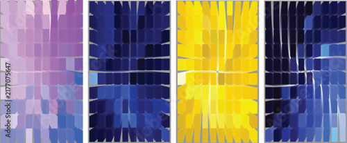 Vibrant 3D geometric block background set featuring extruded cube grids and optical vortex effects