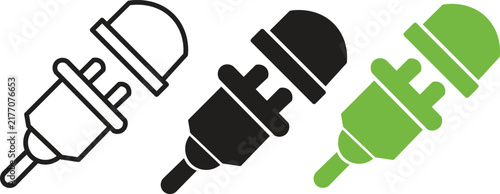 Foto Electric plug and socket icon set showing outline, solid glyph, and green energy design