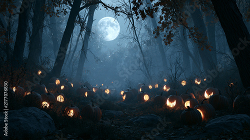 Glowing jack o lanterns illuminate a dark mysterious forest path under a full moon on white background
