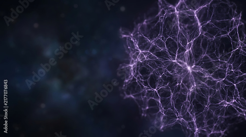 Abstract Glowing Purple Neural Network Structure in Dark Cosmic Space Background