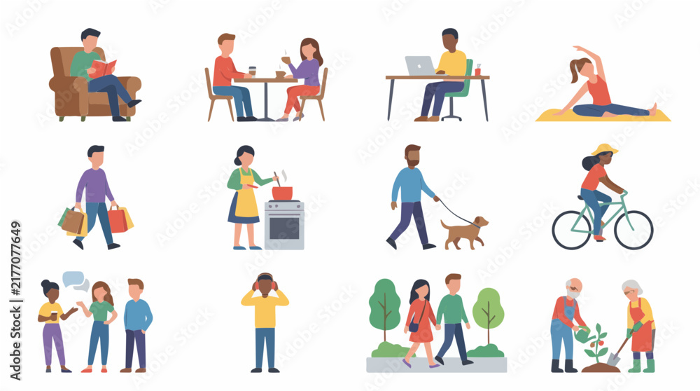 Fototapeta premium Diverse People Lifestyle Scenes with Everyday Activities Flat Vector Illustration Collection