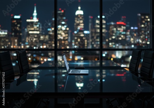 Nighttime Office Serenity with City Skyline