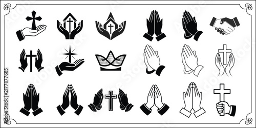 Christian prayer hands symbols and crosses for religious devotion and spiritual connection.