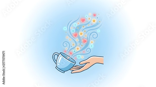 Hand Holding Cup with Magical Steam of Hearts and Stars Rising