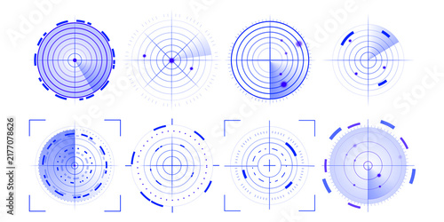 Konstfotografi Futuristic blue HUD radar screen, glowing circular scanner interface with target detection, digital grid and technology elements