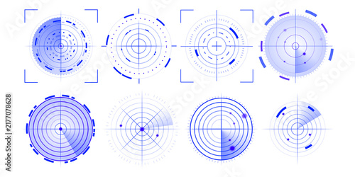 фотографія Blue circular radar display, futuristic HUD scanner with glowing target points, navigation grid and digital interface