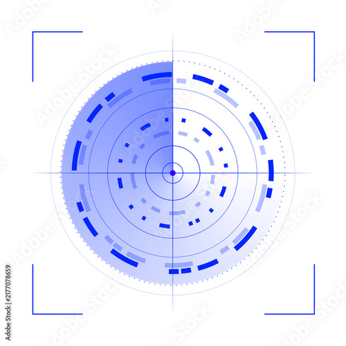 Foto Digital blue radar display, circular sonar scanner with glowing target points, search grid and futuristic HUD technology interface