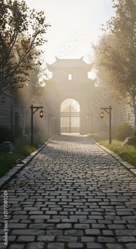 Serene Pathway to Ancient Asian Gate