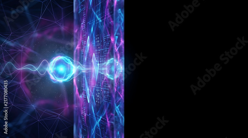Abstract swirling energy and light trails with a pulsating orb in the center on a dark background, science fiction and technology concept