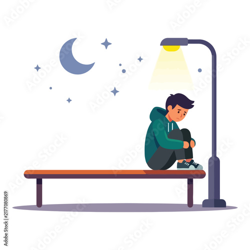 A lonely young boy sits under a glowing street lamp during the quiet night while looking sad and thoughtful feeling depressed about life problems while waiting alone outside under the starry moon