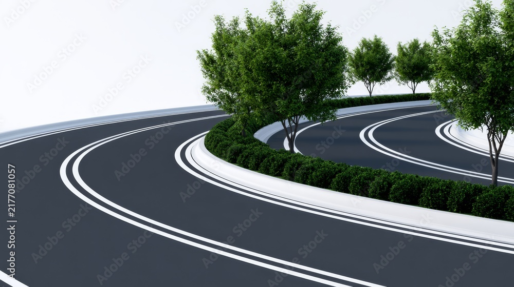 Obraz premium Curved Emergency Route Isolated on White Background with Green Trees and Bushes, 3d rendering