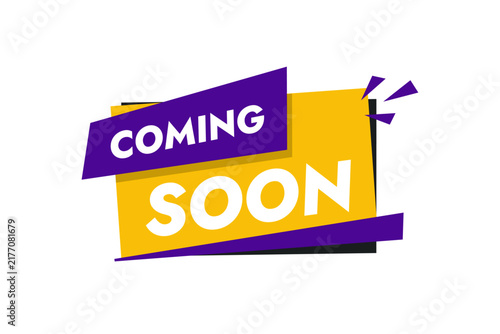 Yellow and purple Coming Soon banner set in a flat style featuring modern announcement labels and notification ribbons