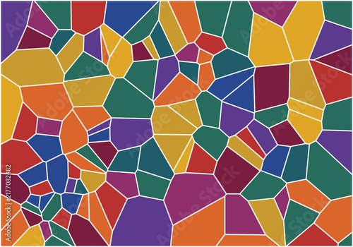 Vibrant voronoi mosaic pattern featuring colorful geometric shapes with white outlines