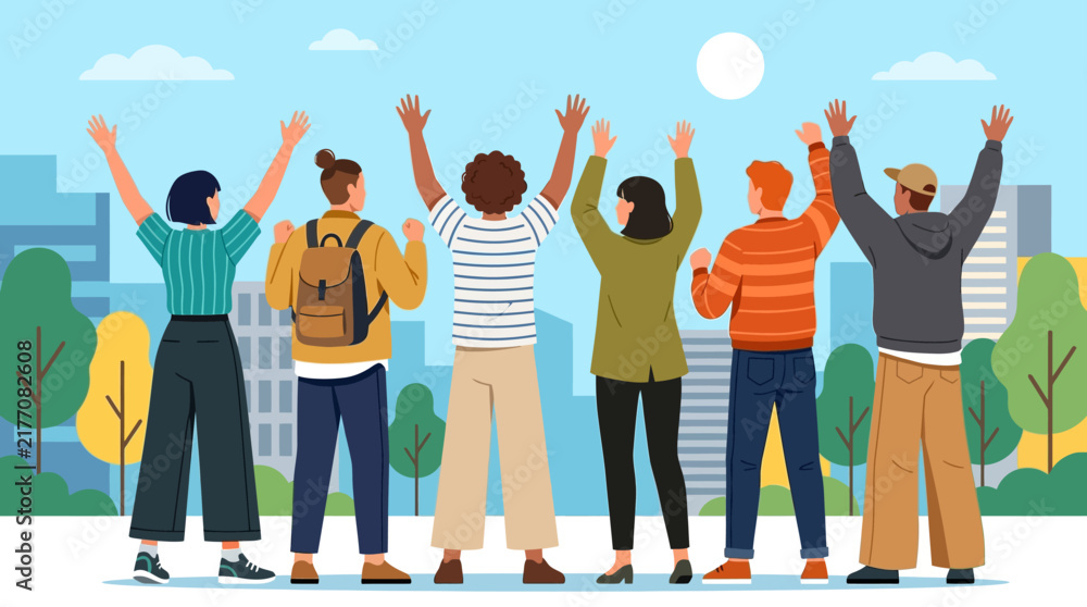 Obraz premium A diverse group of young people stands with their backs to the viewer, raising their arms in celebration against a bright blue sky and city skyline.