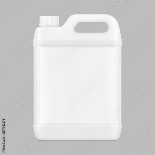 Blank plastic jerry can canister with handle and cap mockup for design, presentation of chemical detergent, chemicals. 3D hight realistic vector illustration isolated on grey background. EPS10.