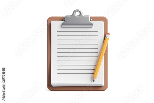Brown Clipboard Holding Stacked Papers with Yellow Pencil on White Background