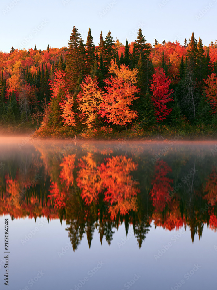 Obraz premium Autumn forest with colorful orange and red foliage reflected in calm lake at sunrise. Peaceful morning mist over water. Fall season nature landscape for travel, wallpaper and seasonal background.