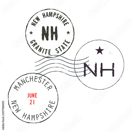 Set of three vintage Manchester, New Hampshire postage stamps – retro postmarks with NH abbreviation and date.