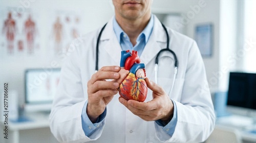 Male medical professional in white coat holding an accurate plastic heart model discussing cardiology and heart disease prevention with patient