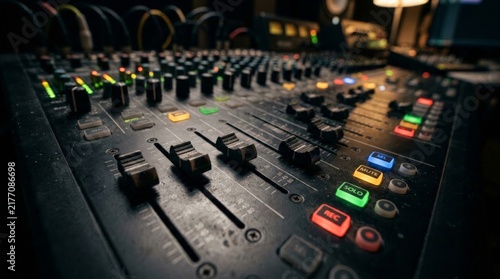 A close up view of an audio mixing console with illuminated buttons and faders, capturing the intricate details of music production inside a professional recording studio