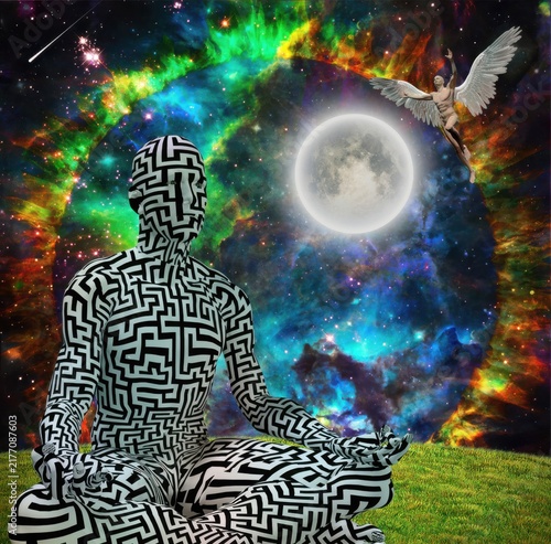 Abstract Meditating Man with Maze Pattern and Cosmic Background
